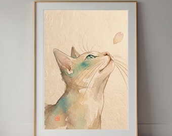 Above desk watercolor cat art print, calm pet portrait wall decor for reading nook, quiet cherry blossom aesthetic poster for cozy bedroom