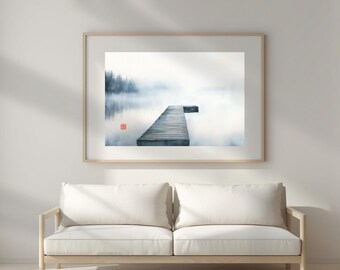 Meditative Space Wall Art, Misty Lake Pier Watercolor Print, Foggy Dock Landscape Poster, Blue Grey Nature Decor, Quiet Scenery Painting