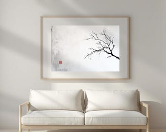 Entryway Wall Art, Black Ink Branch Poster, Monochrome Botanical Print, Winter Tree Silhouette Art