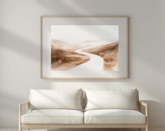Meditation Space Wall Art, Abstract Brown Watercolor River Landscape Print in Neutral Earth Tones