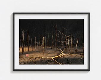 Golden Veins Dead Tree Art Print, Moody Dark Landscape Poster, Cracked Earth Fine Art, Quiet Bedroom Decor, Abstract Nature Wall Art