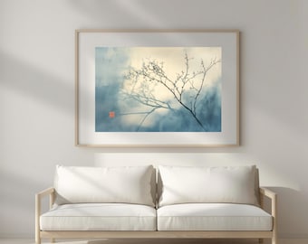 Master Bedroom Wall Art, Abstract Winter Branch Watercolor, Blue Frosted Glass Shadow Print, Pale Botanical Poster