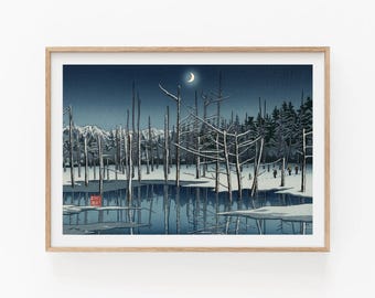 Winter Night Ukiyo-e Art Print, Snowy Lake Forest Poster, Tranquil Bedroom Decor, Crescent Moon Woodblock Style Fine Art