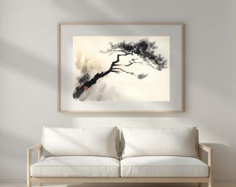Entryway Wall Art, Pine Tree Poster, Black Ink Pine Branch, Monochrome Botanical Print