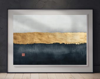 Décoration murale pour salon, impression abstraite d'horizon en noir et or, affiche à texture feuille d'or, paysage gris foncé