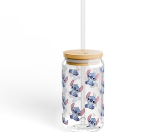 Cute Stitch Cup Glass, 16oz | Cartoon Stitch Design | Cute Lilo & Stitch Inspired
