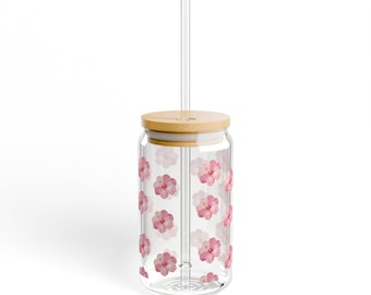 Pink Watercolor Flower Sipper Glass 16oz | Bamboo Lid Straw Tumbler