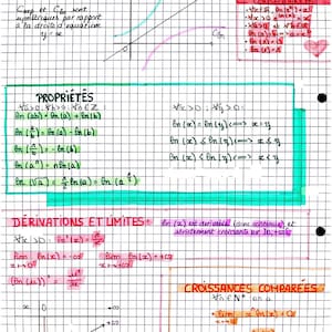 Puede incluir: Una guía de estudio de matemáticas escrita a mano en papel cuadriculado, con ecuaciones, gráficos y fórmulas relacionadas con la función logaritmo neperiano. El texto está en tinta azul, verde y roja.