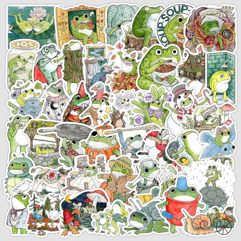 50pcs Cute Frog Stickers Pack, Kawaii Cartoon Frog Vinyl Decals for ...
