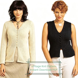 Wzór na dzierganą kurtkę z guzikami z przodu w stylu vintage w formacie PDF, dopasowany kardigan i kamizelka w rozmiarze XS-XXL