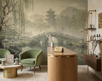 Chinoiserie-tuinmuurschildering, Japanse brug Peel and Stick-behang (aangepast formaat)