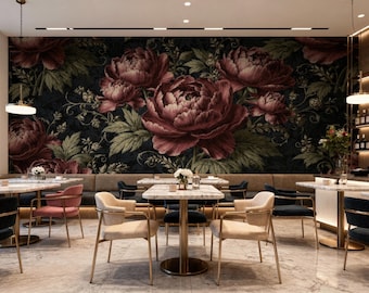 Donkere bloemen pioenroos behangmuurschildering | Moody vintage botanisch muurdecor (pellen en plakken)