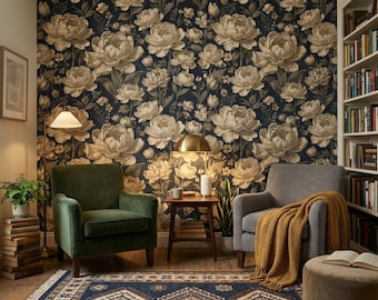 Donkere bloemen pioenroos behangmuurschildering | Neutraal beige botanisch muurontwerp (peel & stick)