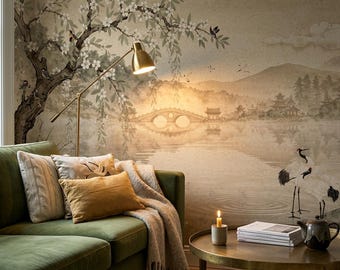 Muurschildering Japanse kraanvogel, kersenbloesemmeer, Aziatische zen Peel-and-Stick-behang