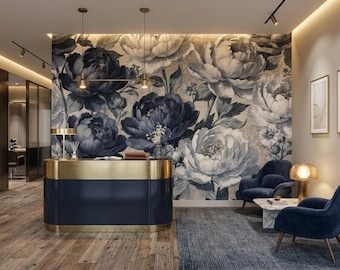 Blauw grijze pioen bloemen behang muurschildering | Vintage botanisch muurontwerp (schil en stok)