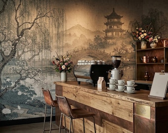 Chinoiserie-muurschildering, scène Japanse tuinkraan, vintage Aziatisch landschapsbehang