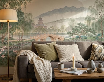 Muurschildering Japanse tuin, landschapsbehang chinoiserie, oosterse brugscène, decor Aziatisch zen