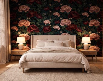 Donkere bloemen pioenroos behangmuurschildering | Moody vintage botanisch muurdecor (pellen en plakken)