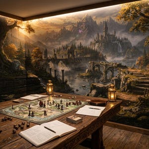 May include: A detailed image of a game room with a large wooden table set for a tabletop role-playing game. The table features a game board, miniatures, dice, and open notebooks. The room has a fantasy mural and lit lanterns.