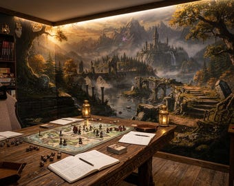 Muurschildering fantasie gamingkamer | Sfeervol DnD-behangontwerp | Peel & Stick-decor middeleeuws landschap