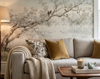 Oosterse landschapsmuurschildering | Asian Garden Birds Blossom Tree Wallpaper (Peel & Stick)