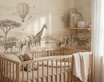 Neutrale safaridieren behang muurschildering | Vintage jungle kinderkamerdecoratie (schil en stok)