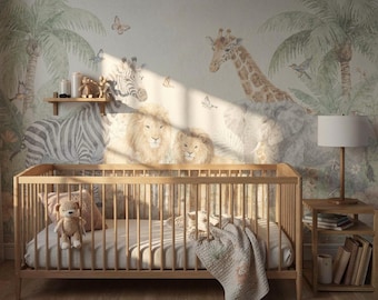 Safari kinderkamer behang muurschildering | Jungledieren, leeuw, zebra, olifant, giraf (schil en stok)