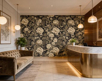 Donkere botanische bloemenbehang muurschildering | Vintage beige elegant muurdecor (pellen en plakken)