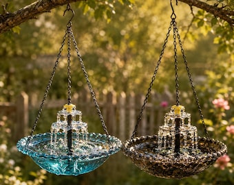 Mangiatoia per uccelli in vetro sospesa con fontana solare, decorazione per esterni, balcone, giardino, abbeveratoio per uccelli (4 colori)
