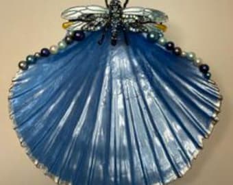 Dragonfly Ring Dish, Shell Trinket Tray, Jewelry Holder, Rhinestone Jewelry Display