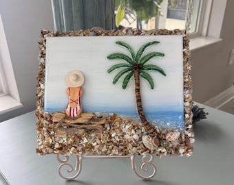Shell Beach, Girl under Palm Tree, Coastal Wall Art, Tropical Ocean Artwork, Cut Glass