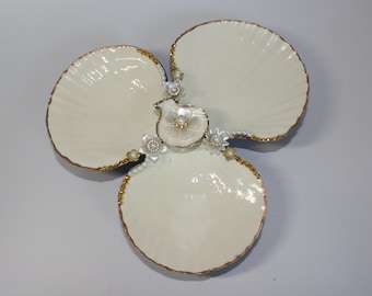 Shell Ring Dish, Bride Ring display, Jewelry Trinket Tray, Sugar Shell Triple Display, Pearl and Gold Trays, Wedding ring photo display