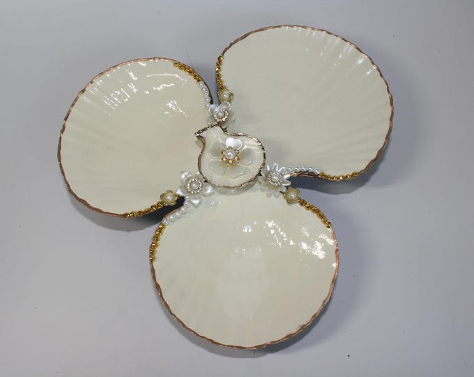 Featured listing image: Shell Ring Dish, Bride Ring display, Jewelry Trinket Tray, Sugar Shell Triple Display, Pearl and Gold Trays, Wedding ring photo display