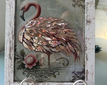 Pink Flamingo, Vintage Glass, Shattered Glass Art, Mercury Glass Feathers