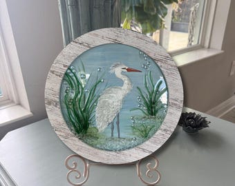 Blue Heron Glass Art, Coastal Wetland Scene, Shattered Glass Water, Porthole Frame