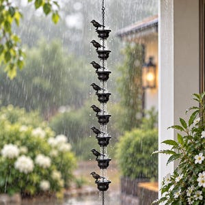 May include: A vertical rain chain featuring a series of dark metal cups linked by chains, with small black bird figures perched on the rim of each cup. Water flows down through the centre of the cups during a rainstorm, creating a cascading effect.