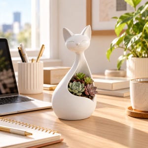 Peut inclure: Un pot de fleurs blanc et lisse en forme de chat, doté d'un centre creux rempli d'un groupe de petites plantes succulentes multicolores. La figurine de chat présente un cou allongé stylisé et une expression sereine aux yeux fermés.