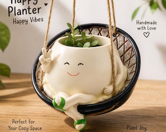 Maceta colgante con forma de columpio, con carita sonriente, ideal para colgar plantas en la pared. Regalo perfecto para ella. Decoración para el hogar y el jardín.