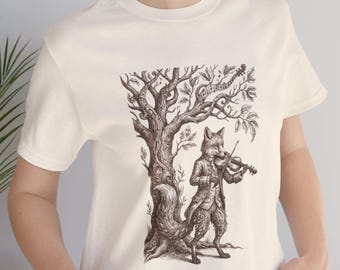 Fox Playing Violin Shirt, Vintage Etching Animal Tee, Surreal Musician Graphic, Dark Academia Top, Woodland Folk Music Lover Gift