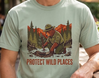 Protect Wild Places Bear Comfort Colors Shirt, Vintage Ranger Tee, Retro Camping Nature Conservation Top, Hiking National Forest Gift