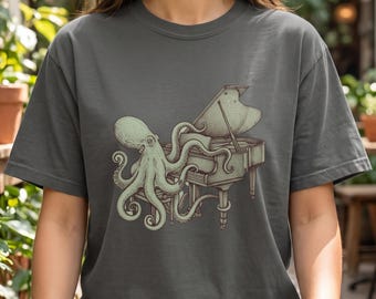 Octopus Playing Piano Shirt, Comfort Colors Surreal Animal Musician Tee, Vintage Ink Art Graphic, Dark Academia Top, Weird Art Gift