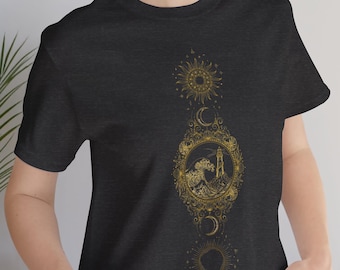 Celestial Ocean Shirt, Mystical Lighthouse Tee, Sun Moon Wave Graphic Tee, Celestial Gift for Her, Dark Aesthetic T-Shirt
