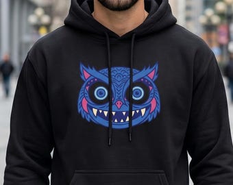 Creepy Owl Hoodie, Tribal Folk Art Sweatshirt, Weird Cute Owl Graphic Hoodie, Dark Art Monster Owl Pullover, Unique Gothic Animal Hoodie