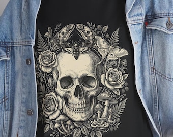 Floral Skull Shirt, Vintage Skull Rose Graphic Tee, Gothic Botanical Unisex Top, Dark Academia Mushroom T-Shirt, Cottagecore Gothic Gift