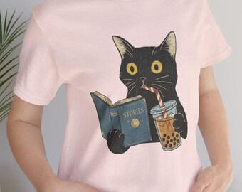 Cat Reading Book Shirt, Funny Black Cat Boba Tea Tee, Cat Lover Gift, Bookworm Cat Graphic T-Shirt, Cute Cat Mom Top, Reader Gift