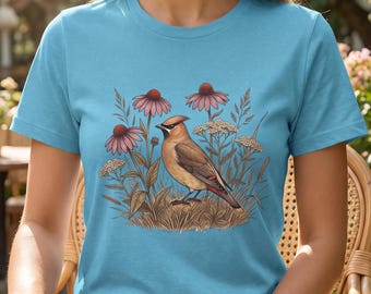 Cedar Waxwing Shirt, Vintage Bird Coneflower Graphic Tee, Watercolor Nature Bird Watcher T-Shirt, Cottagecore Gift, Botanical Meadow Top