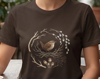 Wren Bird Botanical T-Shirt, Cottagecore Nature Graphic Tee, Wildflower Bird Shirt, Nature Lover Gift for Her, Boho Botanical Bird Tee
