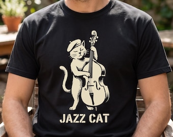 Jazz Cat Playing Double Bass Shirt, Comfort Colors Music Tee, Funny Animal Musician Graphic, Retro Stencil Art, Cat Lover Gift Top