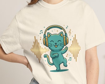 Music Cat Graphic Tee, Dancing Cat Headphones Shirt, Funny Music Lover Gift, Cute Cat Comfort Colors Tee, Sound Wave Cat T-Shirt