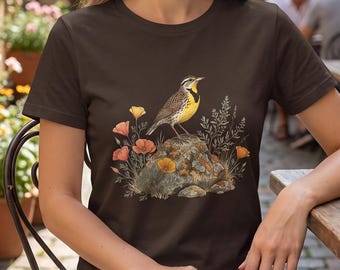 Meadowlark Shirt, Vintage Bird Wildflower Graphic Tee, Watercolor Nature Bird Watcher T-Shirt, Cottagecore Gift, Botanical Poppy Top
